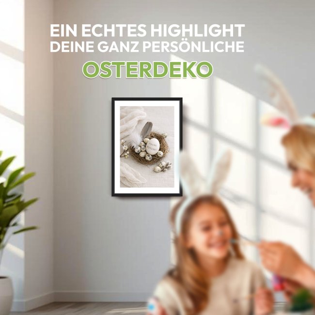 Fotodruck mit Bilderrahmen - Frohe Ostern Nest - 2 verschiedene Gr&ouml;&szlig;en