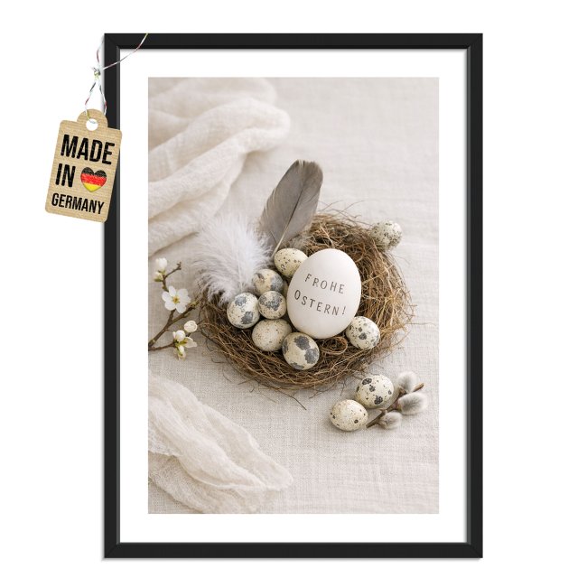 Fotodruck mit Bilderrahmen - Frohe Ostern Nest - 2 verschiedene Gr&ouml;&szlig;en