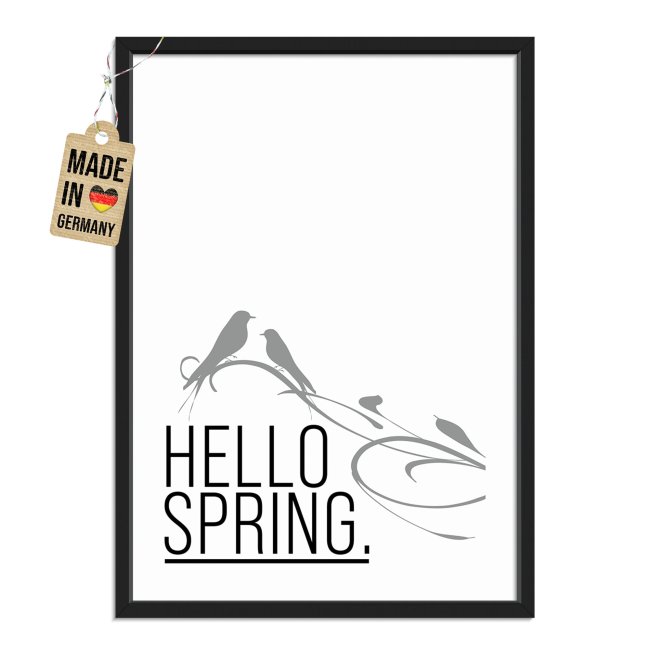 Fotodruck zum Fr&uuml;hling mit Bilderrahmen - Hello Spring birds - 2 verschiedene Gr&ouml;&szlig;en