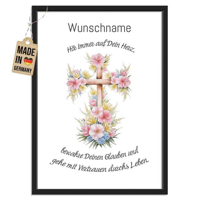 Fotodruck - Blumenkreuz - H&ouml;r auf dein Herz - mit Name &amp; Datum - Fotopapier