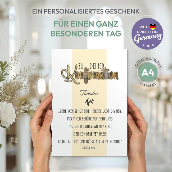 Poster zur Konfirmation - 2.Mose 23,20 - Ich sende einen Engel - mit Name &amp; Datum - 250 g/m&sup2; Fotopapier, A4 Hochformat