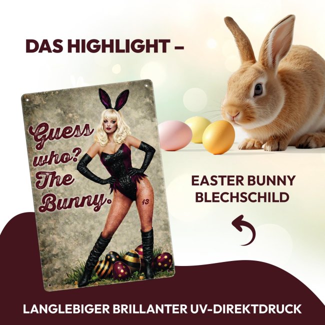 Blechschild mit Spruch - Guess who? The Bunny - mit Ostereiern - A4 Hochformat