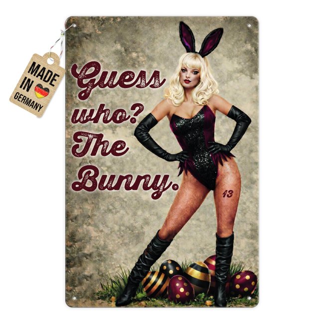Blechschild mit Spruch - Guess who? The Bunny - mit Ostereiern - A4 Hochformat