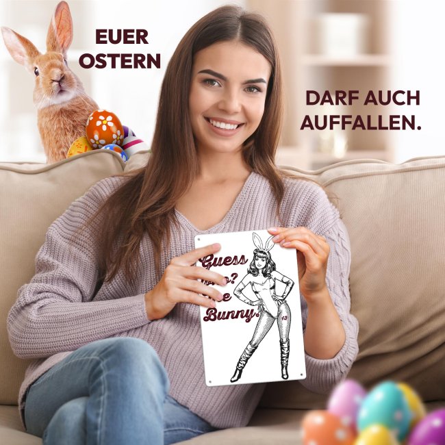 Blechschild mit Spruch - Guess who? The Bunny - Schwarz-Wei&szlig; - A4 Hochformat