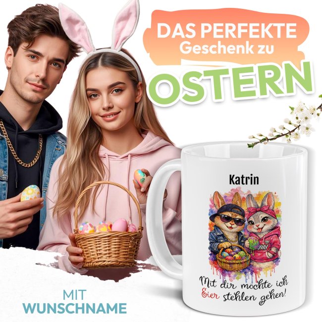 Personalisierte Oster-Tasse - Coole Hasen Eier stehlen gehen - mit Name - Verschiedene Farben