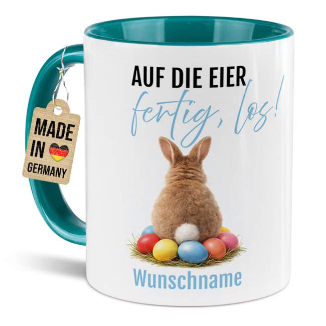 Personalisierte Oster-Tasse - Hase Auf die Eier fertig los - mit Name - Innen &amp; Henkel T&uuml;rkis