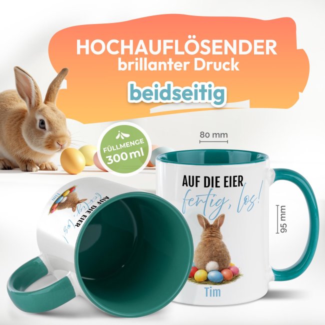 Personalisierte Oster-Tasse - Hase Auf die Eier fertig los - mit Name - Innen &amp; Henkel T&uuml;rkis