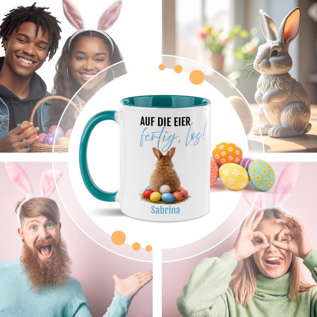 Personalisierte Oster-Tasse - Hase Auf die Eier fertig los - mit Name - Innen &amp; Henkel T&uuml;rkis