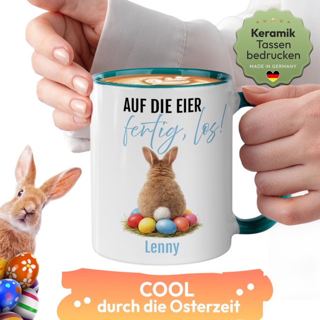Personalisierte Oster-Tasse - Hase Auf die Eier fertig los - mit Name - Innen &amp; Henkel T&uuml;rkis