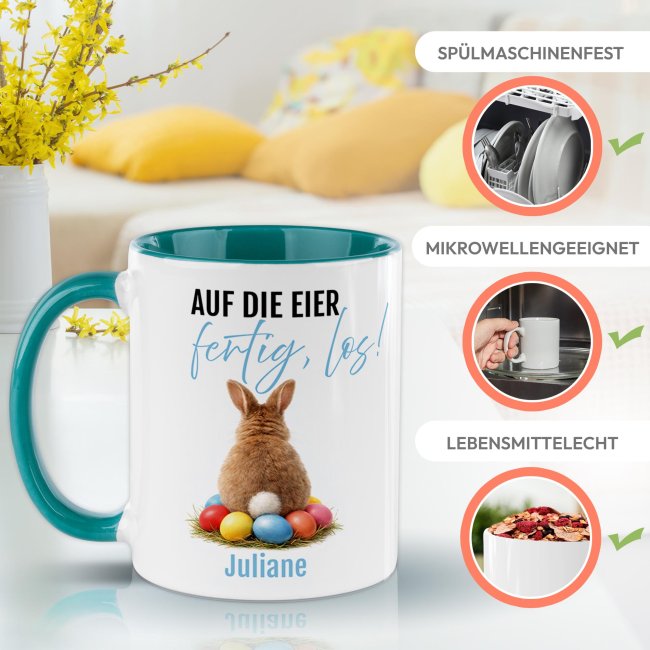 Personalisierte Oster-Tasse - Hase Auf die Eier fertig los - mit Name - Innen &amp; Henkel T&uuml;rkis