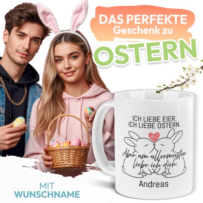 Personalisierte Oster-Tasse - Hasen Paar - am allermeisten liebe ich dich - mit Name - Verschiedene Farben