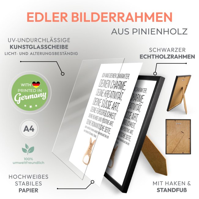 Fotodruck mit Bilderrahmen - Ich mag deinen Charakter, Hase - 250 g/m&sup2; Fotopapier, A4 Hochformat, schwarzer Rahmen