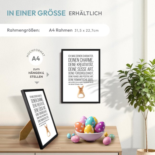 Fotodruck mit Bilderrahmen - Ich mag deinen Charakter, Hase - 250 g/m&sup2; Fotopapier, A4 Hochformat, schwarzer Rahmen
