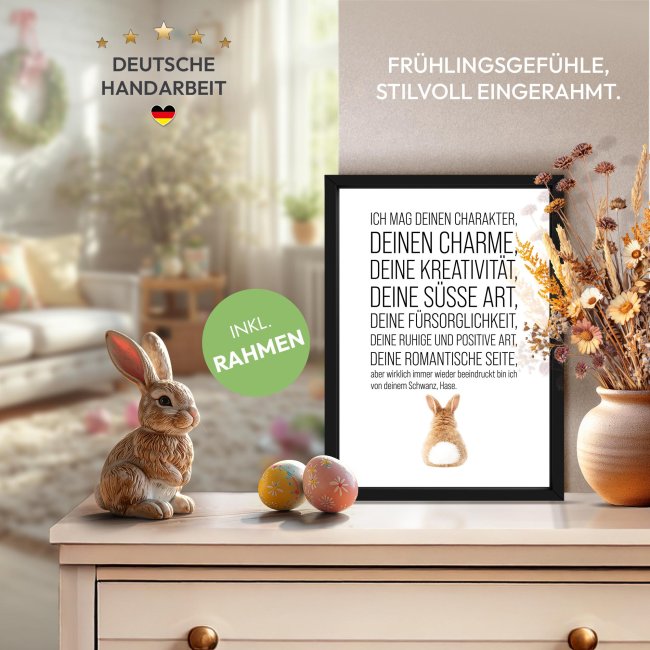 Fotodruck mit Bilderrahmen - Ich mag deinen Charakter, Hase - 250 g/m&sup2; Fotopapier, A4 Hochformat, schwarzer Rahmen