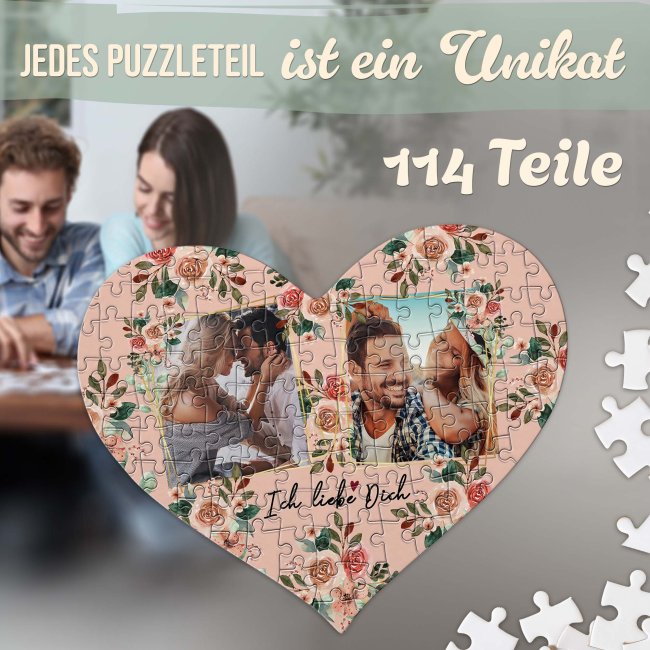 Herz Puzzle mit zwei Fotos - Ich liebe dich - 114 Teile in der Metalldose