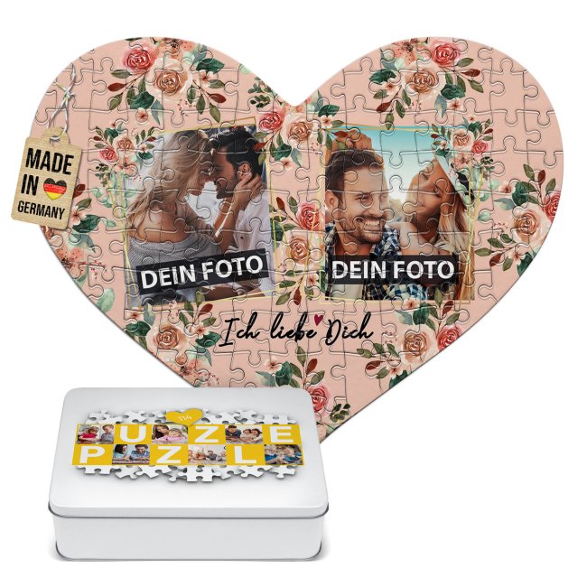 Herz Puzzle mit zwei Fotos - Ich liebe dich - 114 Teile in der Metalldose