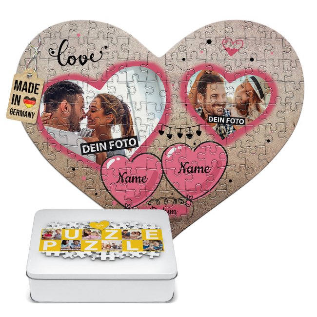 Herz Puzzle mit zwei Fotos, Namen und Datum - Love - 114 Teile in der Metalldose