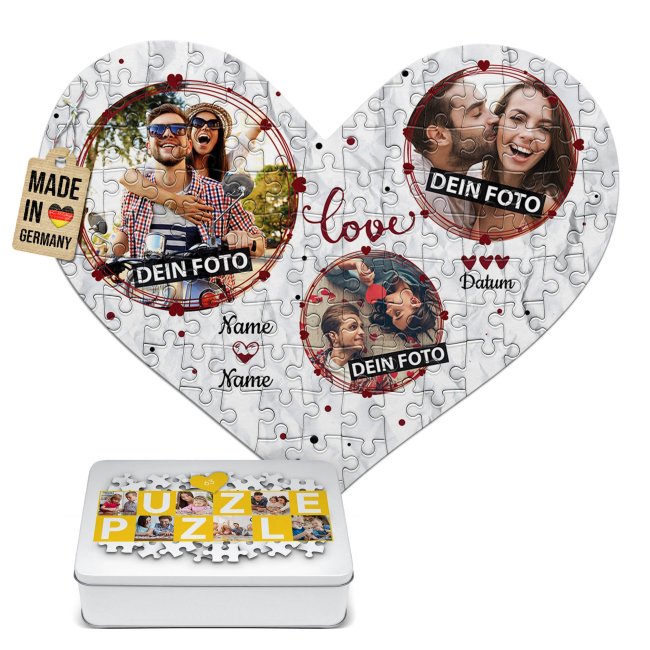 Herz Puzzle - Love - mit drei Fotos, Namen und Datum gestalten