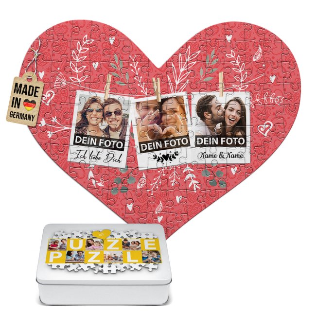 Herz Puzzle mit drei Fotos und Namen gestalten im Polaroid-Design