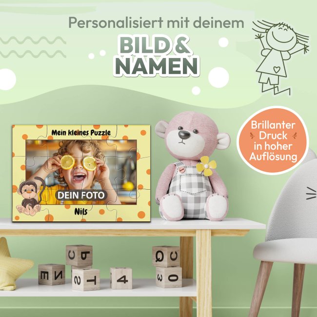 Holzpuzzle mit Foto selbst gestalten f&uuml;r Kinder - Kleines Puzzle mit Name - Affe - 12 Teile