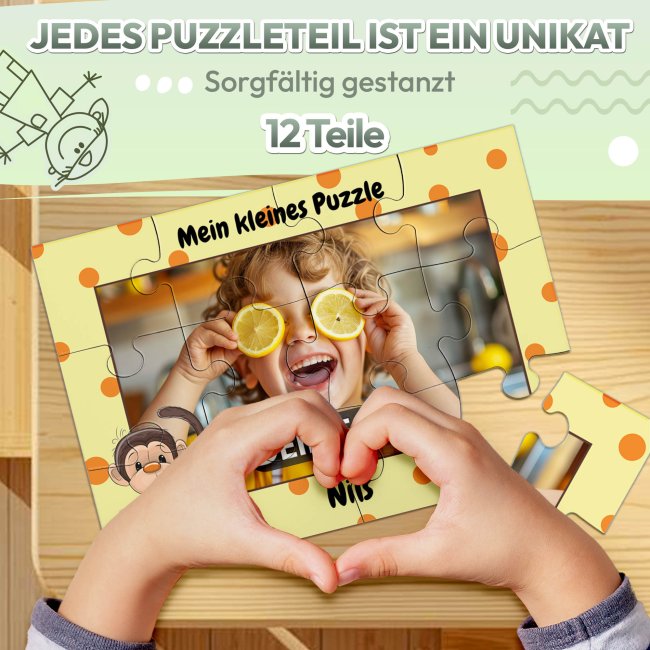 Holzpuzzle mit Foto selbst gestalten f&uuml;r Kinder - Kleines Puzzle mit Name - Affe - 12 Teile