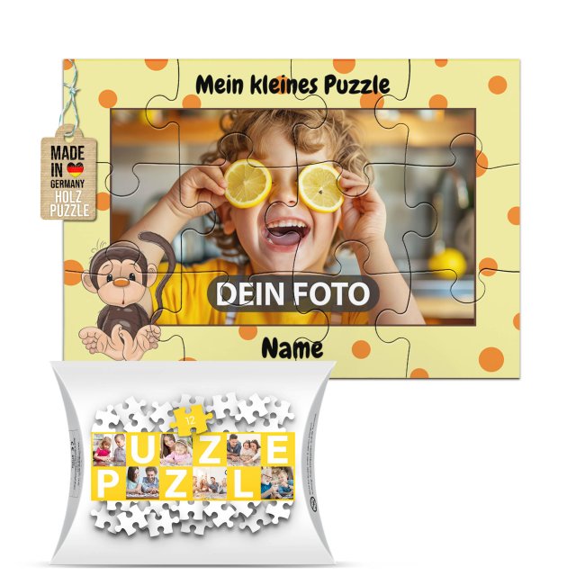 Holzpuzzle mit Foto selbst gestalten f&uuml;r Kinder - Kleines Puzzle mit Name - Affe - 12 Teile