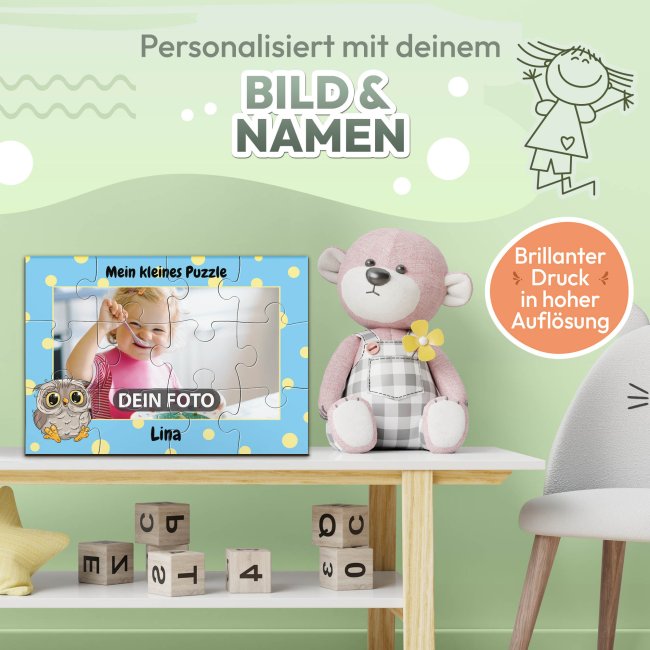 Holzpuzzle mit Foto selbst gestalten f&uuml;r Kinder - Kleines Puzzle mit Name - Eule - 12 Teile