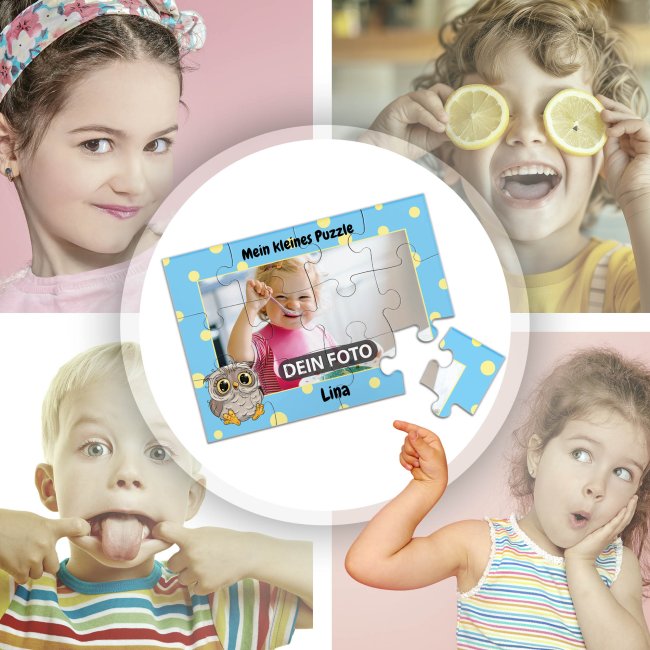 Holzpuzzle mit Foto selbst gestalten f&uuml;r Kinder - Kleines Puzzle mit Name - Eule - 12 Teile