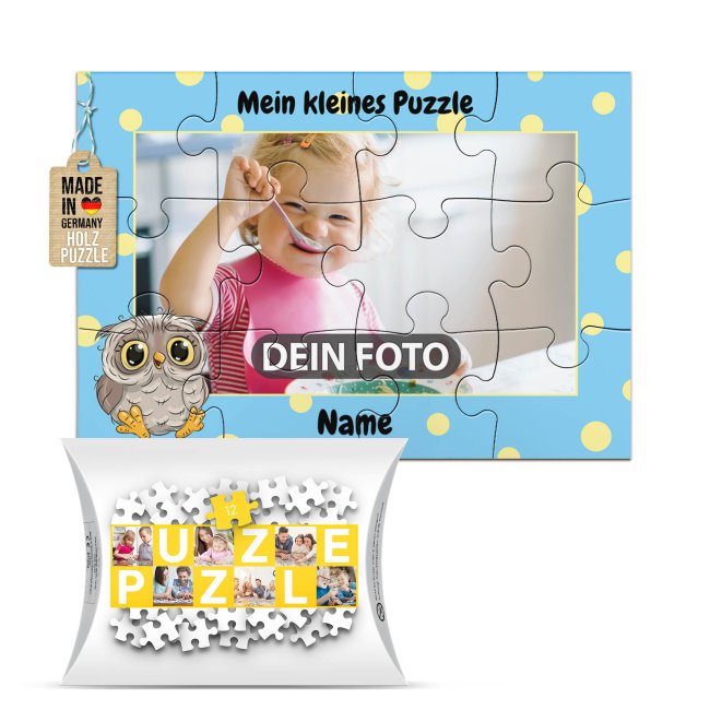 Holzpuzzle mit Foto selbst gestalten f&uuml;r Kinder - Kleines Puzzle mit Name - Eule - 12 Teile