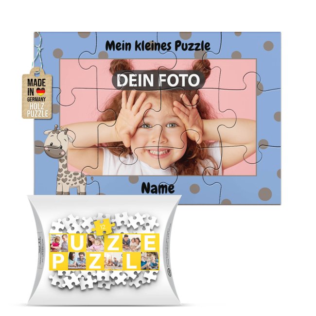 Holzpuzzle mit Foto selbst gestalten f&uuml;r Kinder - Kleines Puzzle mit Name - Giraffe - 12 Teile