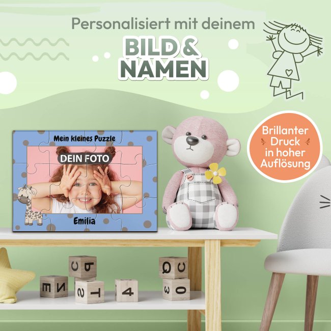 Holzpuzzle mit Foto selbst gestalten f&uuml;r Kinder - Kleines Puzzle mit Name - Giraffe - 12 Teile