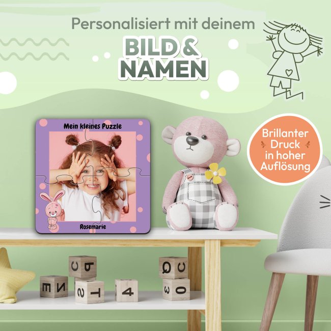 Holzpuzzle mit Foto selbst gestalten f&uuml;r Kinder - Kleines Puzzle mit Name - Hase - 4 Teile