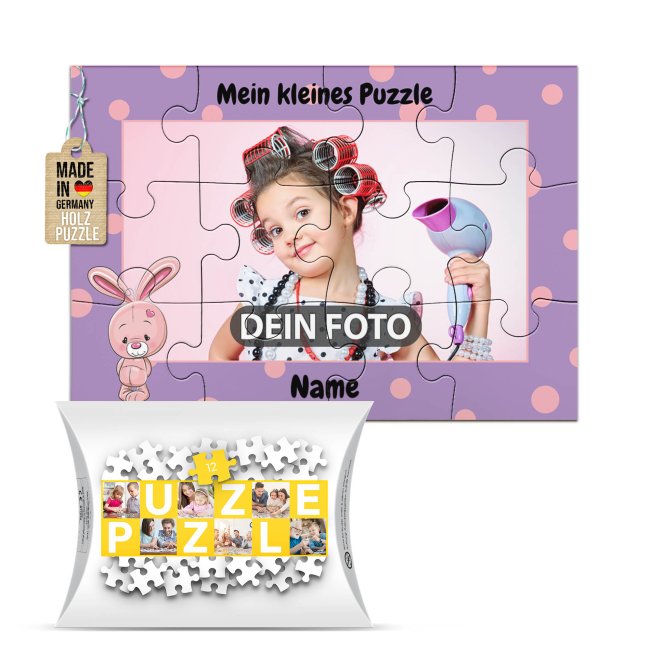 Holzpuzzle mit Foto selbst gestalten f&uuml;r Kinder - Kleines Puzzle mit Name - Hase - 12 Teile