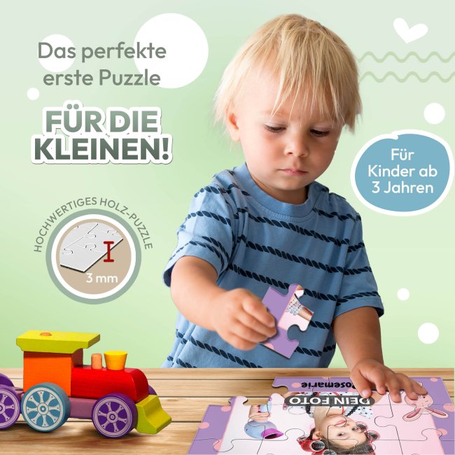 Holzpuzzle mit Foto selbst gestalten f&uuml;r Kinder - Kleines Puzzle mit Name - Hase - 12 Teile