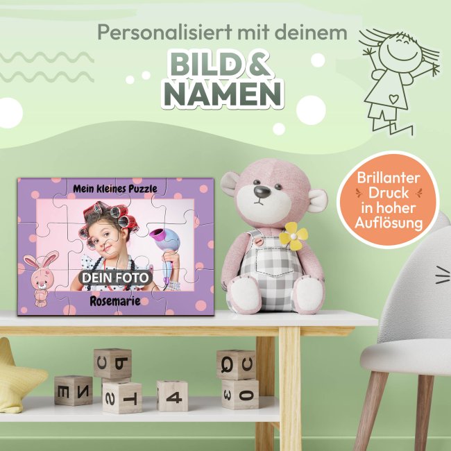 Holzpuzzle mit Foto selbst gestalten f&uuml;r Kinder - Kleines Puzzle mit Name - Hase - 12 Teile
