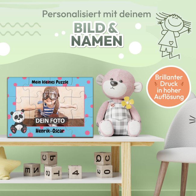 Holzpuzzle mit Foto selbst gestalten f&uuml;r Kinder - Kleines Puzzle mit Name - Panda - 12 Teile