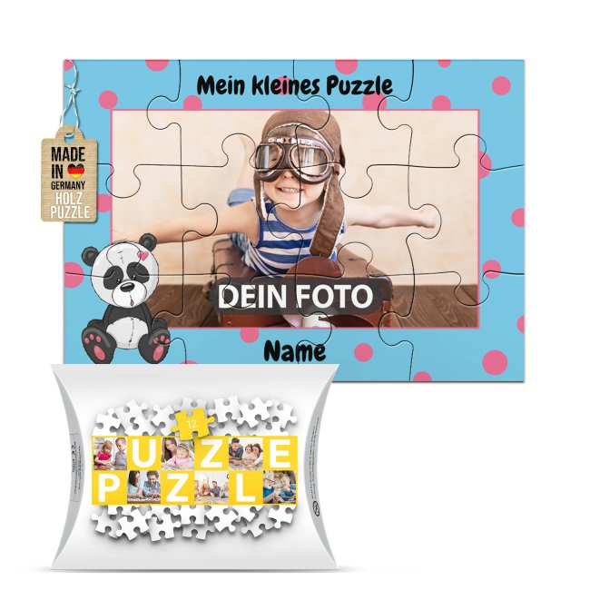 Holzpuzzle mit Foto selbst gestalten f&uuml;r Kinder - Kleines Puzzle mit Name - Panda - 12 Teile