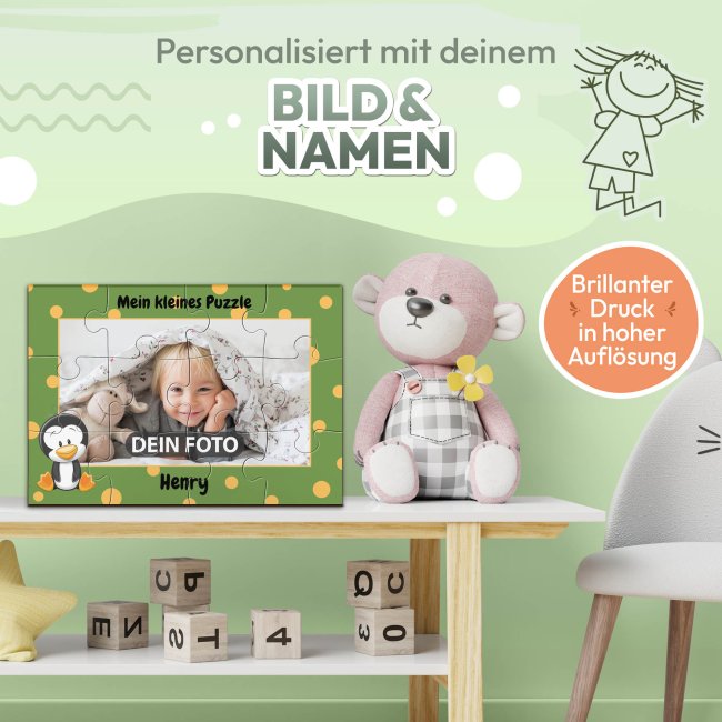 Holzpuzzle mit Foto selbst gestalten f&uuml;r Kinder - Kleines Puzzle mit Name - Pinguin - 12 Teile