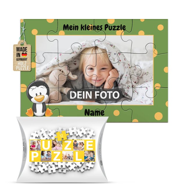 Holzpuzzle mit Foto selbst gestalten f&uuml;r Kinder - Kleines Puzzle mit Name - Pinguin - 12 Teile
