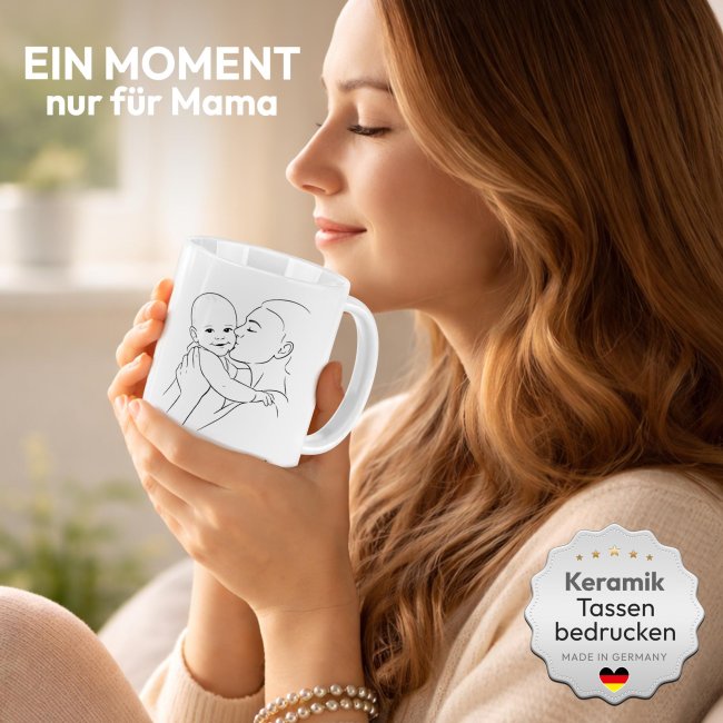 Tasse zum Muttertag - Line-Art Mutter und Kind mit Wunschtext - Verschiedene Farben