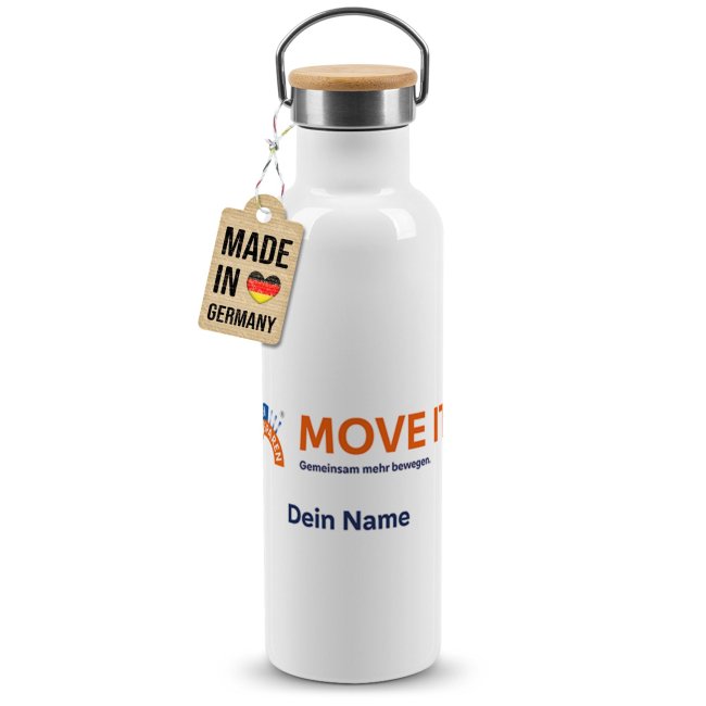 Trinkflasche mit Bambusdeckel  - MOVE IT! Gemeinsam mehr bewegen. - mit Name - 750 ml