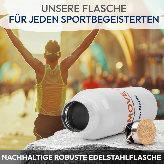 Trinkflasche mit Bambusdeckel  - MOVE IT! Gemeinsam mehr bewegen. - mit Name - 750 ml