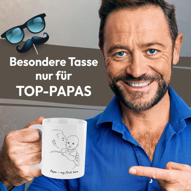 Personalisierte Tasse zum Vatertag - Line-Art - Papa und Kind - mit Name -