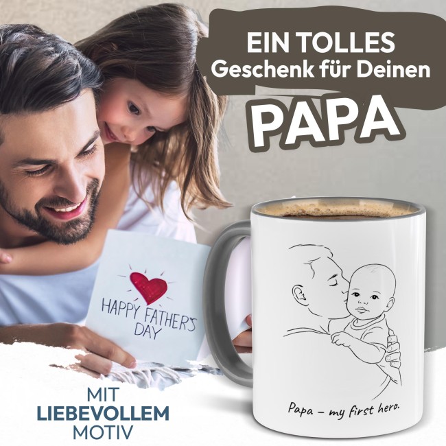 Personalisierte Tasse zum Vatertag - Line-Art - Papa und Kind - mit Name - Innen &amp; Henkel Hellblau