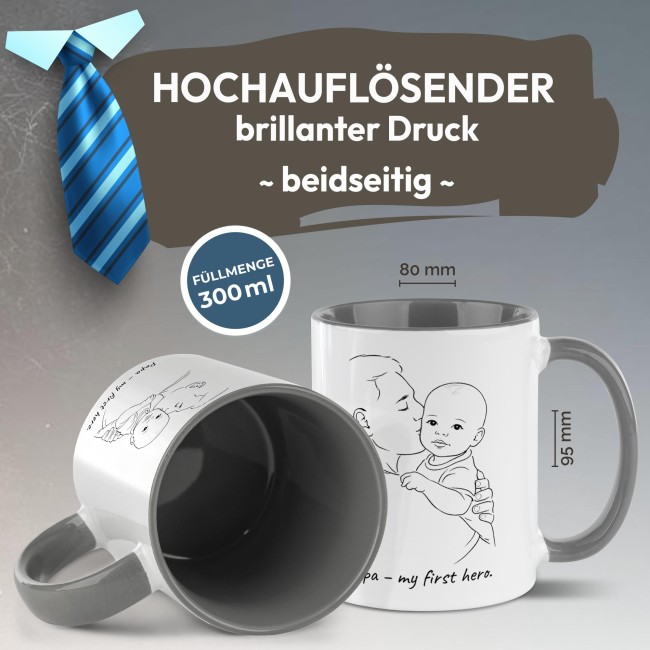 Personalisierte Tasse zum Vatertag - Line-Art - Papa und Kind - mit Name - Innen &amp; Henkel Hellblau