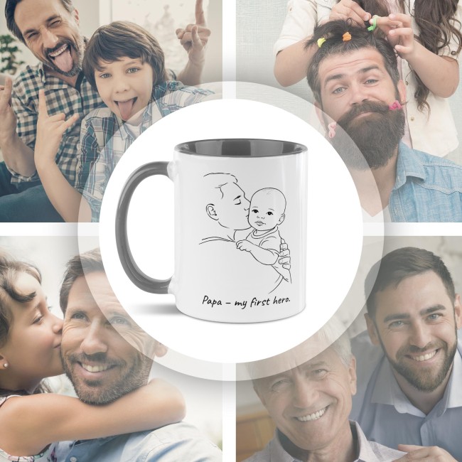 Personalisierte Tasse zum Vatertag - Line-Art - Papa und Kind - mit Name - Innen &amp; Henkel Hellblau