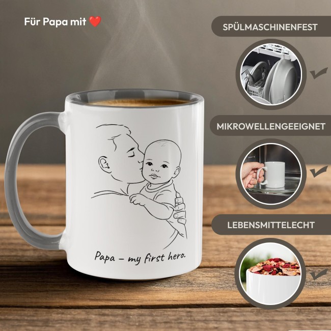 Personalisierte Tasse zum Vatertag - Line-Art - Papa und Kind - mit Name - Innen &amp; Henkel Hellblau