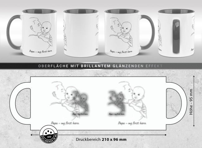 Personalisierte Tasse zum Vatertag - Line-Art - Papa und Kind - mit Name - Innen &amp; Henkel Hellblau