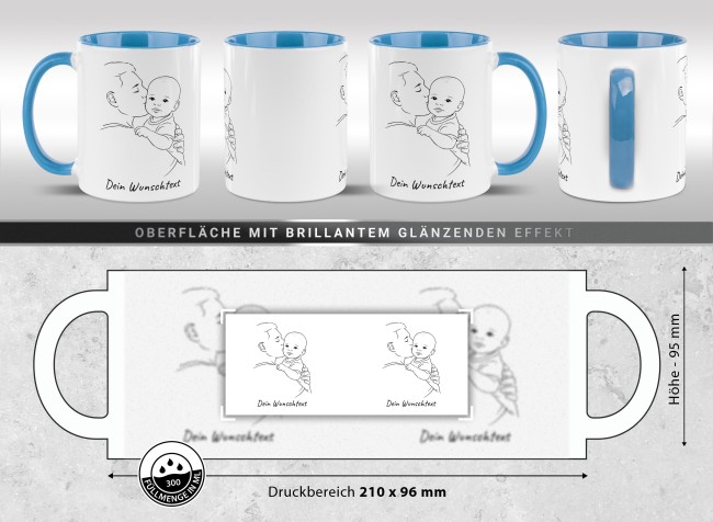 Personalisierte Tasse zum Vatertag - Line-Art - Papa und Kind - mit Name - Innen &amp; Henkel Hellblau
