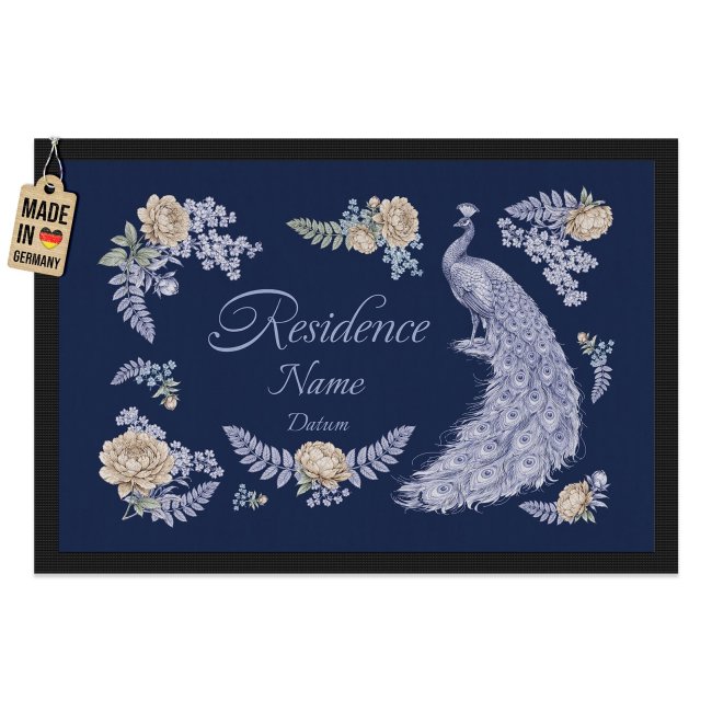 Personalisierte Fu&szlig;matte Vintage - Residence Pfau-Motiv - mit Name &amp; Jahr - in drei Gr&ouml;&szlig;en